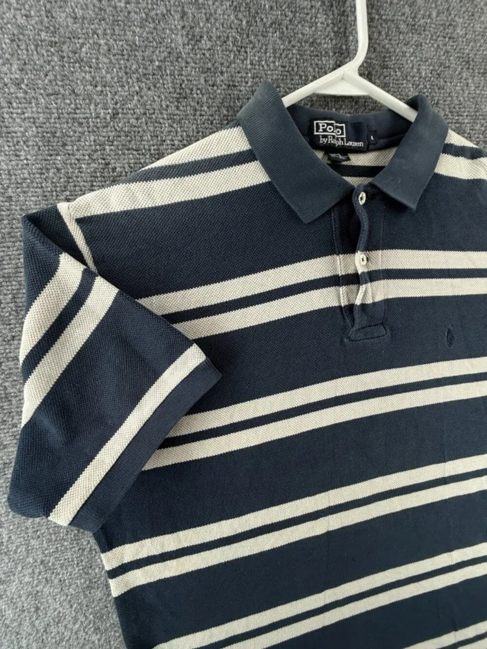 Polo Ralph Lauren Striped Blue White Short Sleeve Polo Shirt Men Cotton Mesh LG